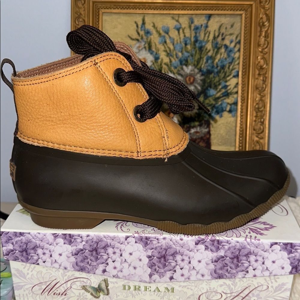 SPERRY 8 Saltwater 2-eye Tan Leather Brown Lace up Ankle Duck Boots - Picture 6 of 15